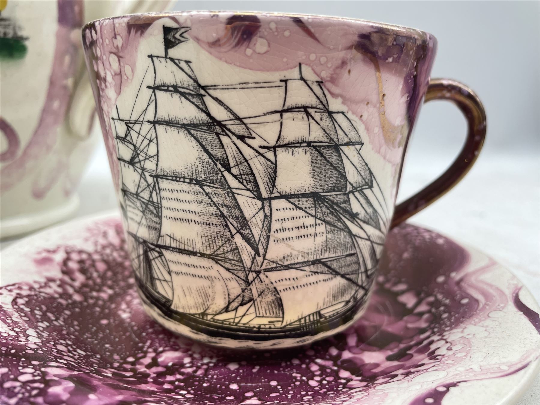 19th century Sunderland pink lustre jug with views of the Iron Bridge and Mariners Compass H20cm - Image 3 of 5