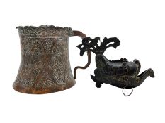 Oriental metal fish with gaping mouth L19cm and a large Indian mug decorated with figures H16cm