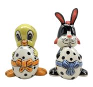 Lorna Bailey pottery Rabbit and Chick each holding an egg H17cm max (2)