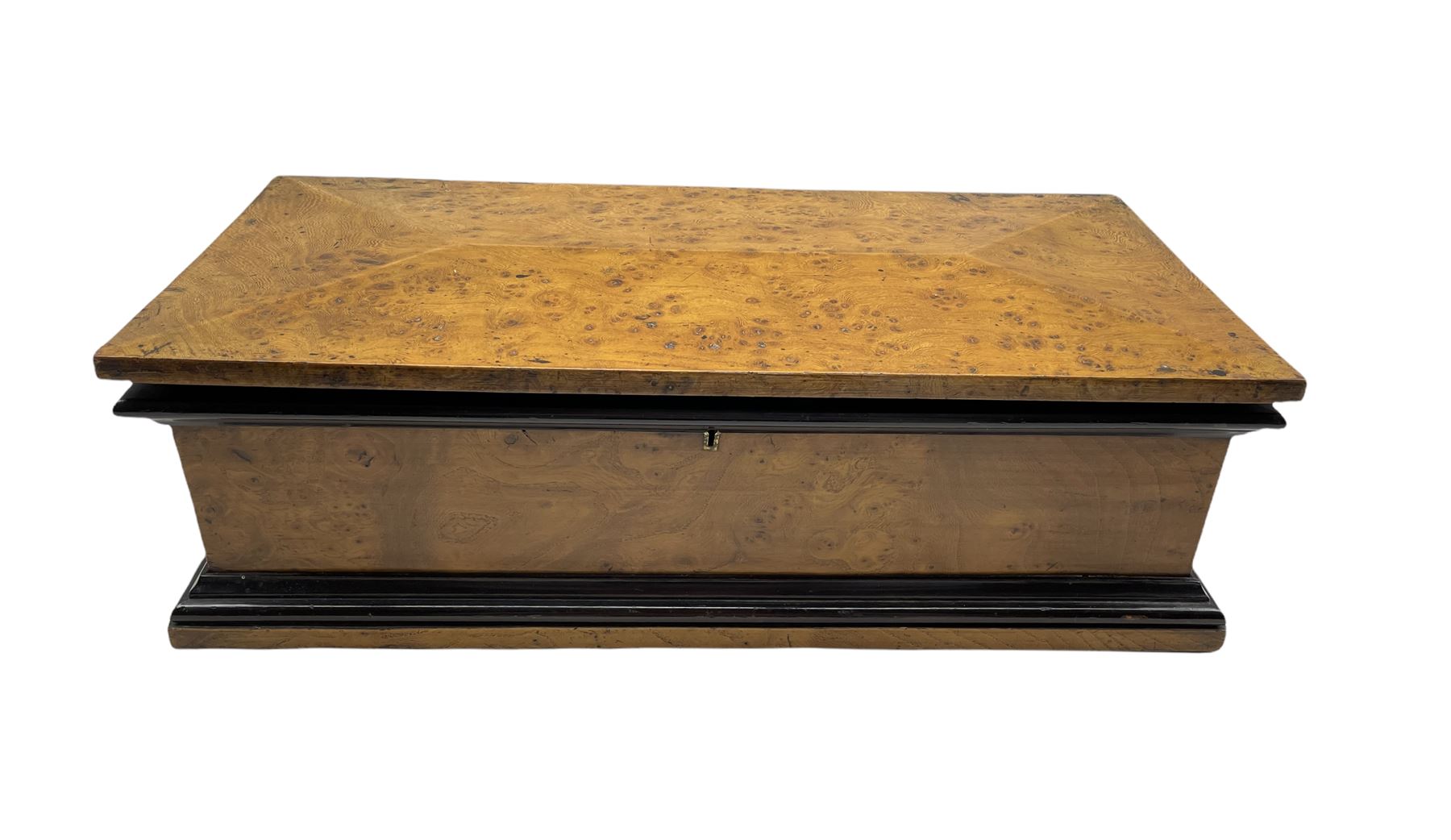 Victorian birds eye maple and ebonised rectangular three division box with slightly canted hinged co