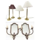Two pairs of gilt brass table lamps with three shades