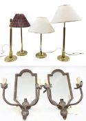 Two pairs of gilt brass table lamps with three shades