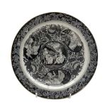 Early 19th century small pearlware plate printed all over in black with a central roundel and three