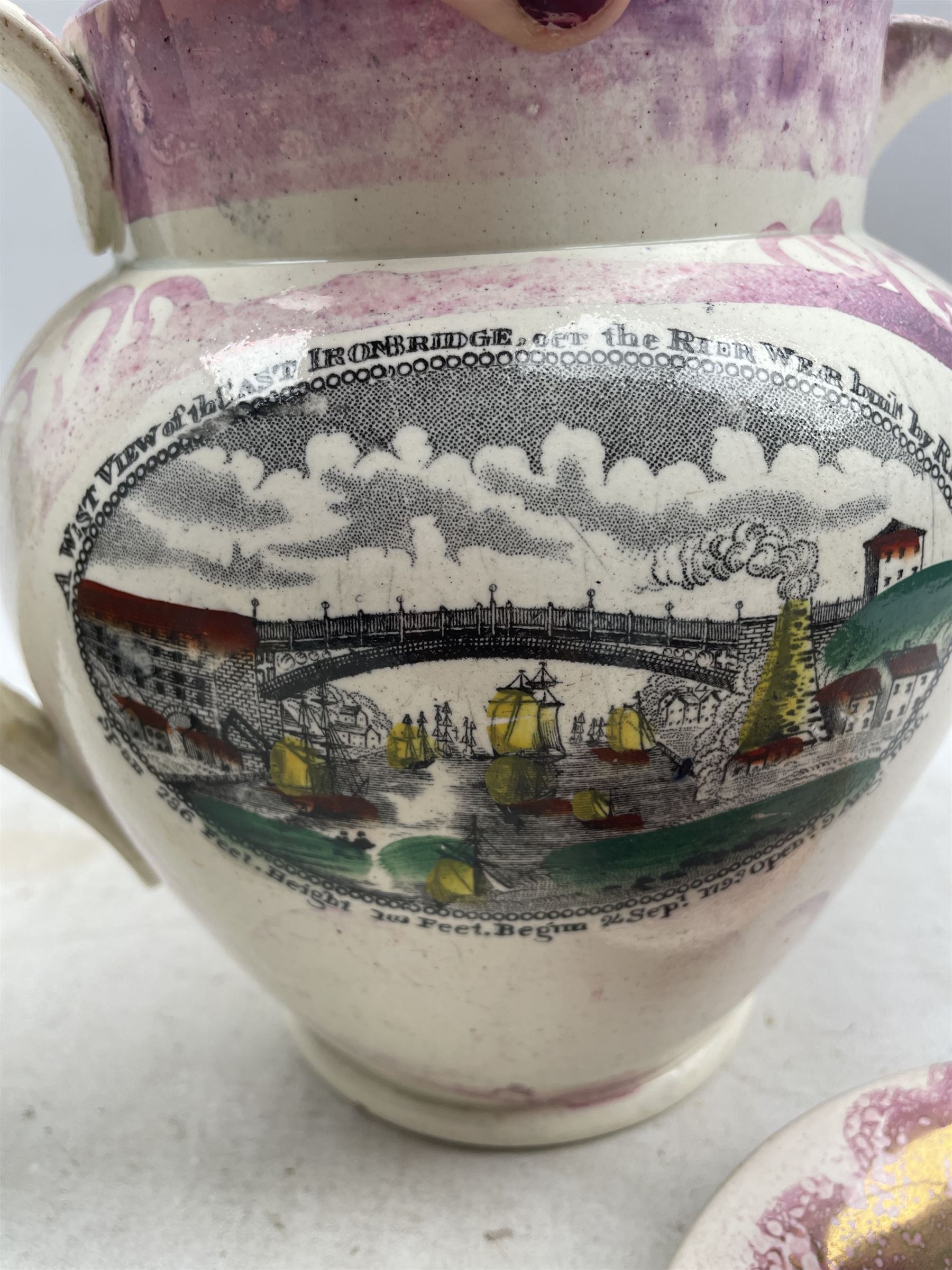 19th century Sunderland pink lustre jug with views of the Iron Bridge and Mariners Compass H20cm - Image 2 of 5