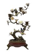 Contemporary bronzed candelabra in the form of a flower encrusted tree set with six porcelain birds