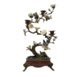 Contemporary bronzed candelabra in the form of a flower encrusted tree set with six porcelain birds