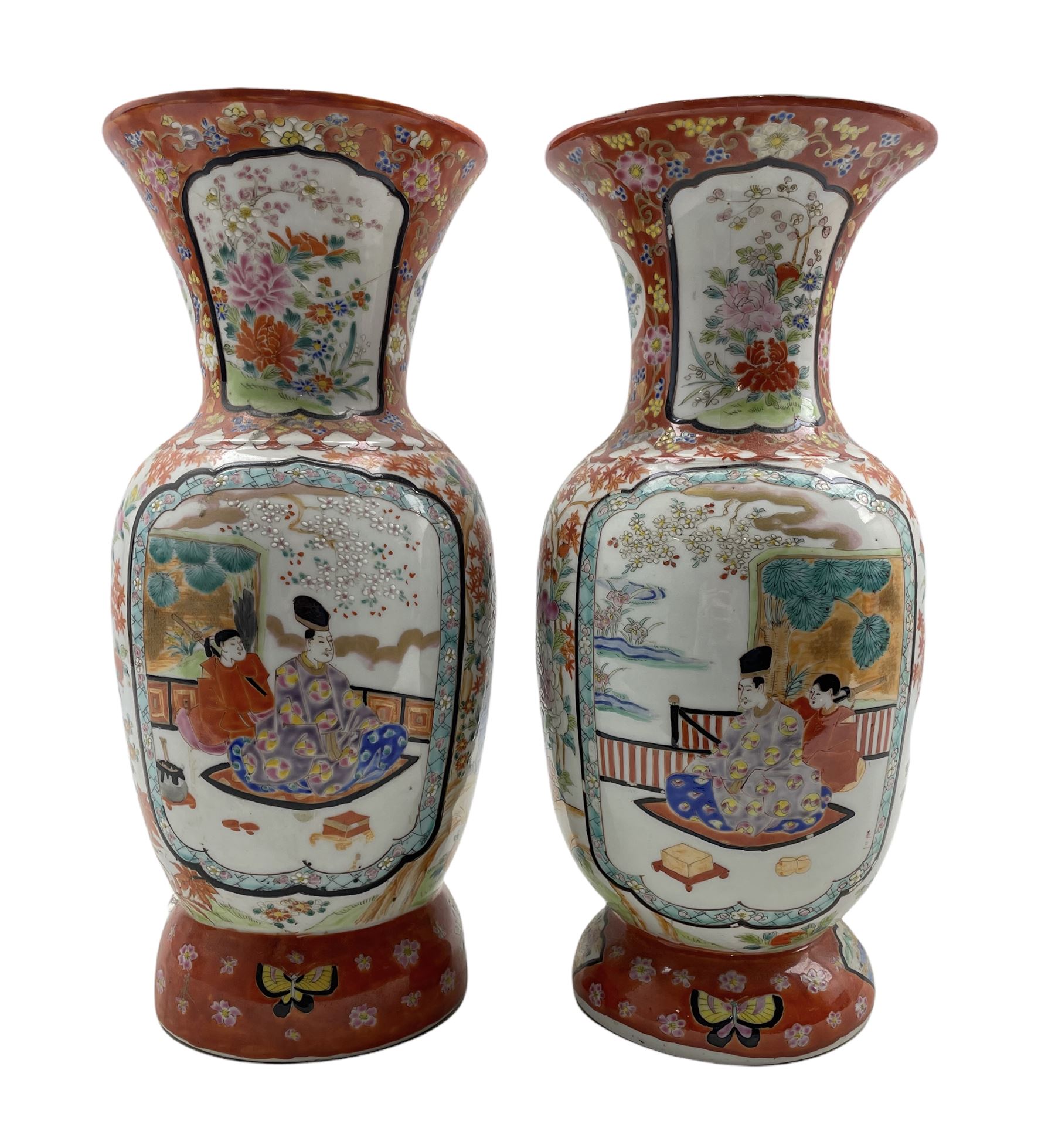 Pair of Japanese Arita porcelain vases painted with panels of bijin