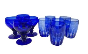 Set of four Bristol blue wine glass and a set of six blue overlay glass tumblers