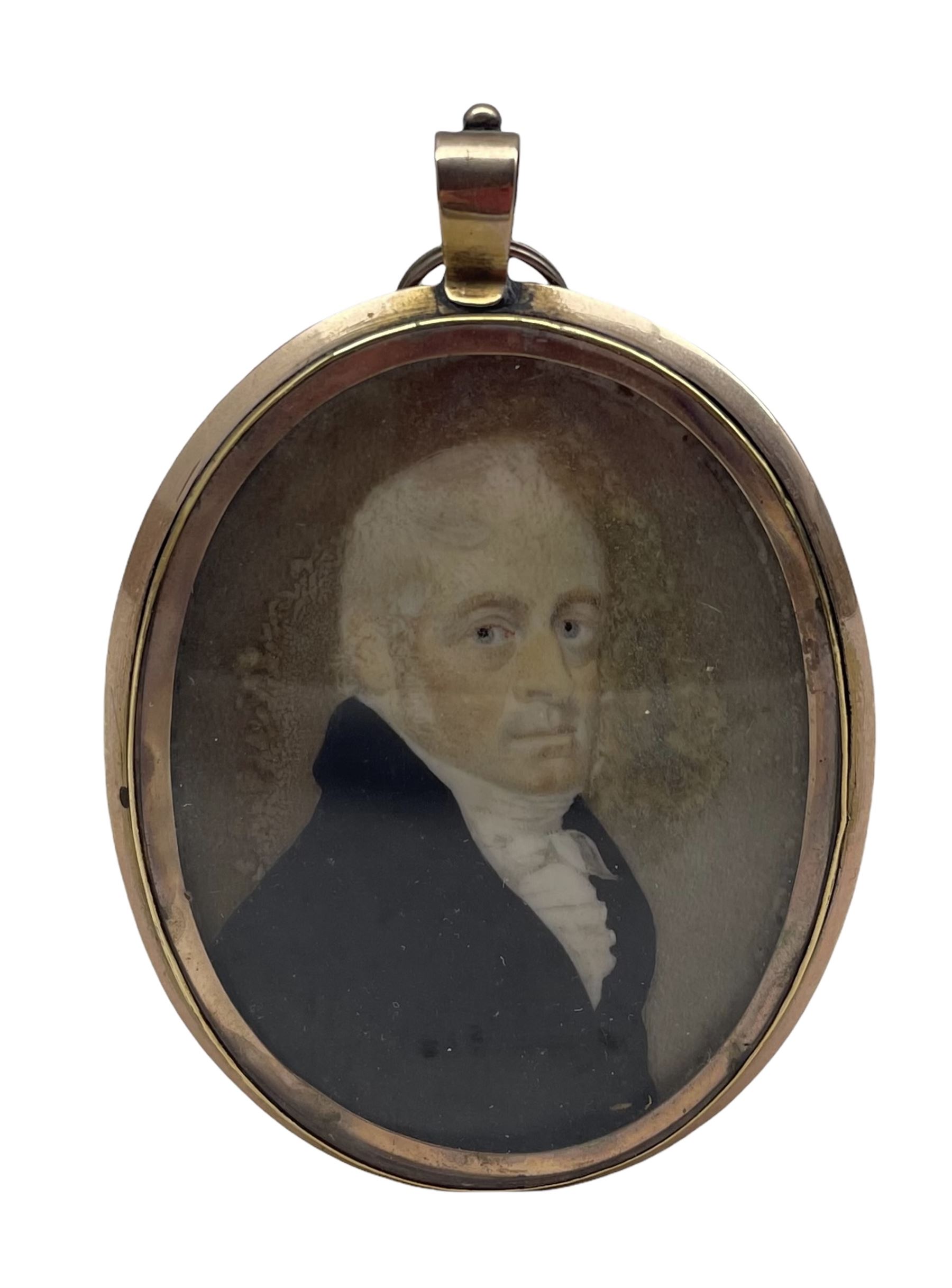 19th century oval head and shoulders miniature portrait on ivory of a gentleman wearing a black froc