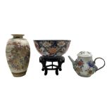 18th/ 19th century Chinese porcelain flower encrusted teapot with metal handle