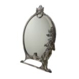 WMF Art Nouveau pewter dressing table mirror of oval form the bevelled plate flanked by a maiden pla