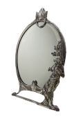 WMF Art Nouveau pewter dressing table mirror of oval form the bevelled plate flanked by a maiden pla
