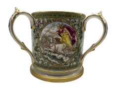Copeland three handled tyg commemorating Nelson's centenary retailed by T Goode & Co with a central