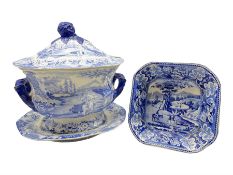 19th century Brameld blue and white transfer printed soup tureen and stand decorated in the 'Castle