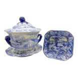 19th century Brameld blue and white transfer printed soup tureen and stand decorated in the 'Castle