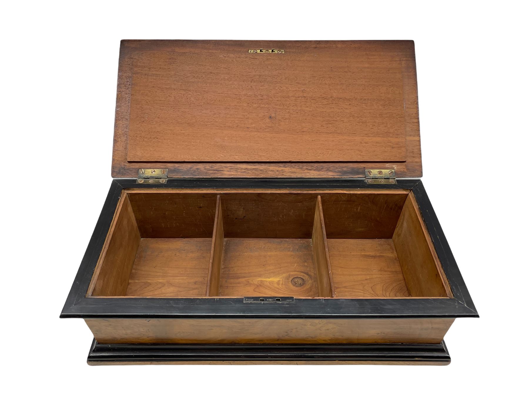 Victorian birds eye maple and ebonised rectangular three division box with slightly canted hinged co - Image 2 of 2