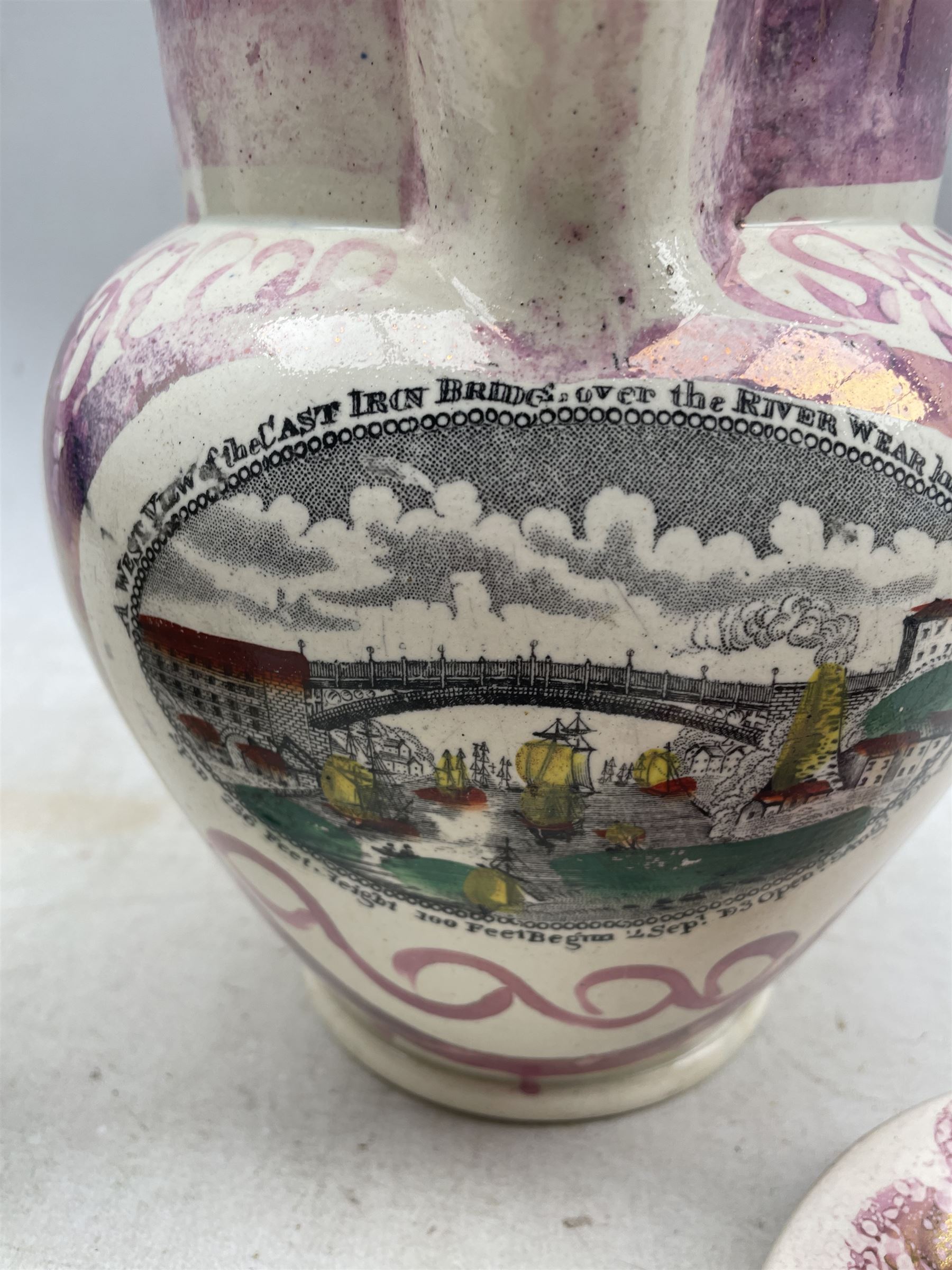 19th century Sunderland pink lustre jug with views of the Iron Bridge and Mariners Compass H20cm - Image 5 of 5