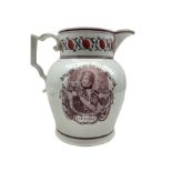 Early 19th century pearlware jug printed in puce with a portrait of Nelson and emblems