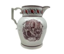 Early 19th century pearlware jug printed in puce with a portrait of Nelson and emblems