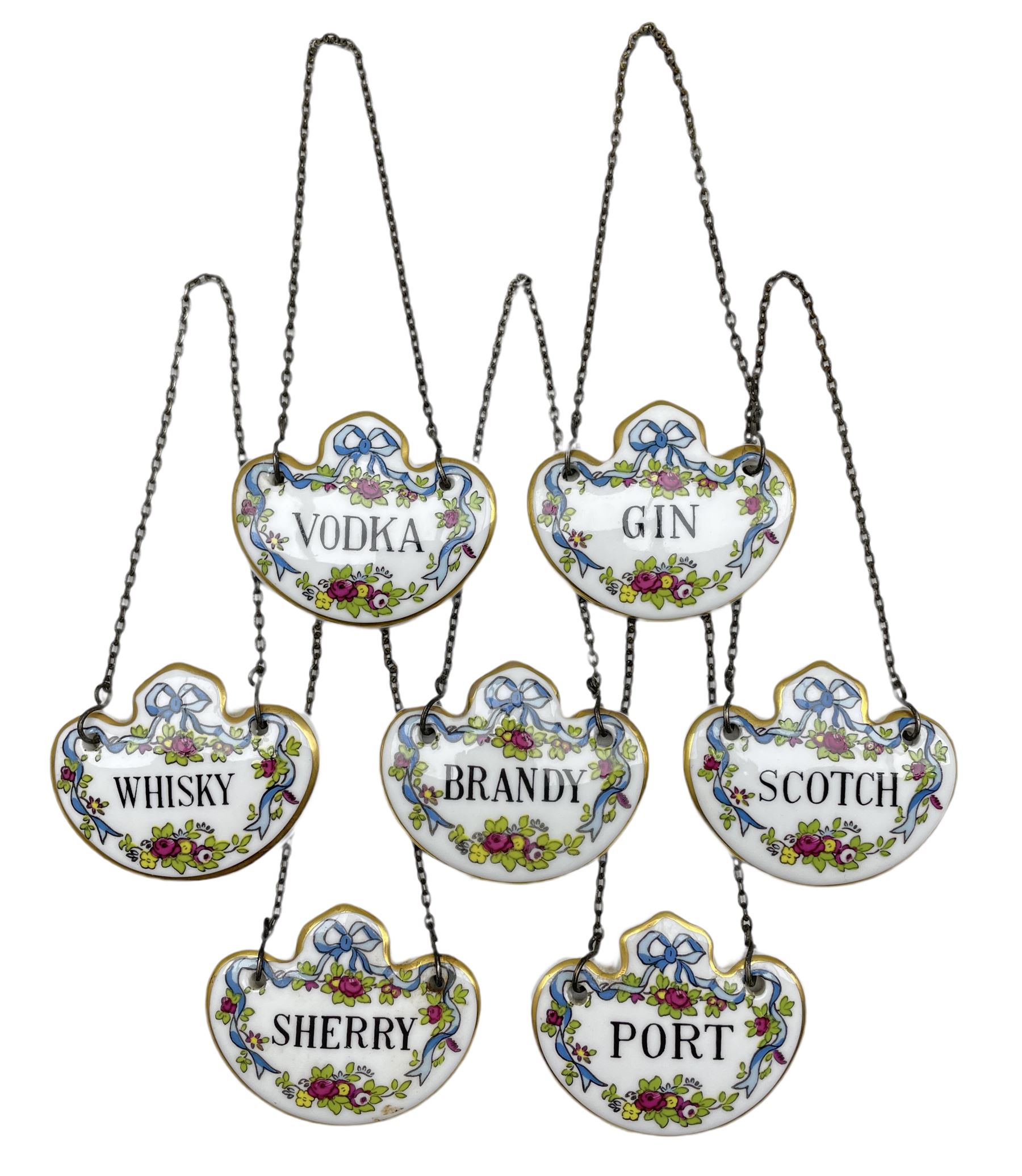 Set of seven Coalport porcelain decanter labels: Brandy