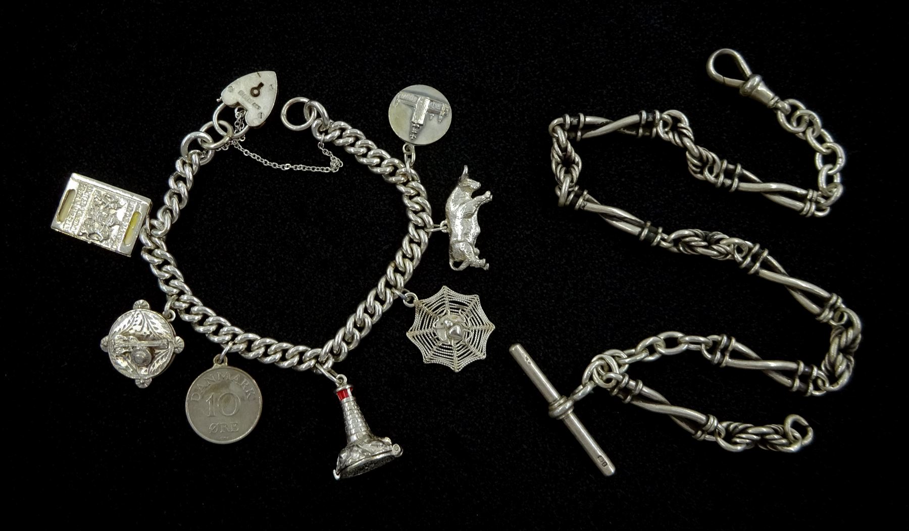 Silver charm bracelet charms including lighthouse