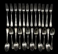 Set of twelve Continental silver dessert spoons and forks with shell and scroll stems 38oz