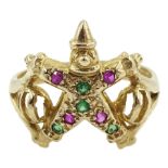 9ct gold green and pink stone set clown ring