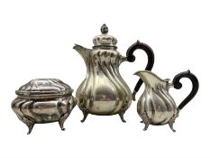 German silver three piece tea set of fluted baluster design