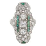 Platinum milgrain set round diamond and vari-cut emerald panel ring