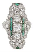 Platinum milgrain set round diamond and vari-cut emerald panel ring