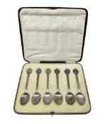 Cased set of 6 silver and enamel King Edward VIII coffee spoons Birmingham 1936 Maker William Hair H