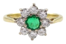 18ct gold round emerald and round brilliant cut diamond cluster ring