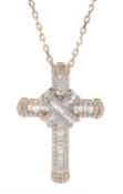 18ct rose gold baguette and round brilliant cut diamond cross pedant necklace