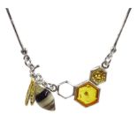 Silver amber honeycomb and bee pendant necklace