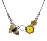 Silver amber honeycomb and bee pendant necklace