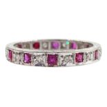 White gold calibre cut ruby and round diamond full eternity ring