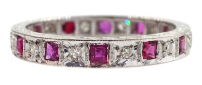 White gold calibre cut ruby and round diamond full eternity ring