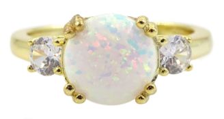 Silver-gilt three stone opal and cubic zirconia ring
