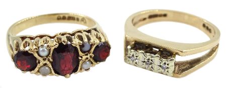 Gold garnet and pearl ring and a gold three stone diamond chip ring