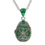 Silver green plique-a-jour and marcasite locket pendant necklace
