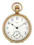 American gold-plated open face lever pocket watch by Waltham