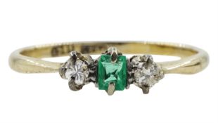 Early 20th century gold three stone emerald diamond ring