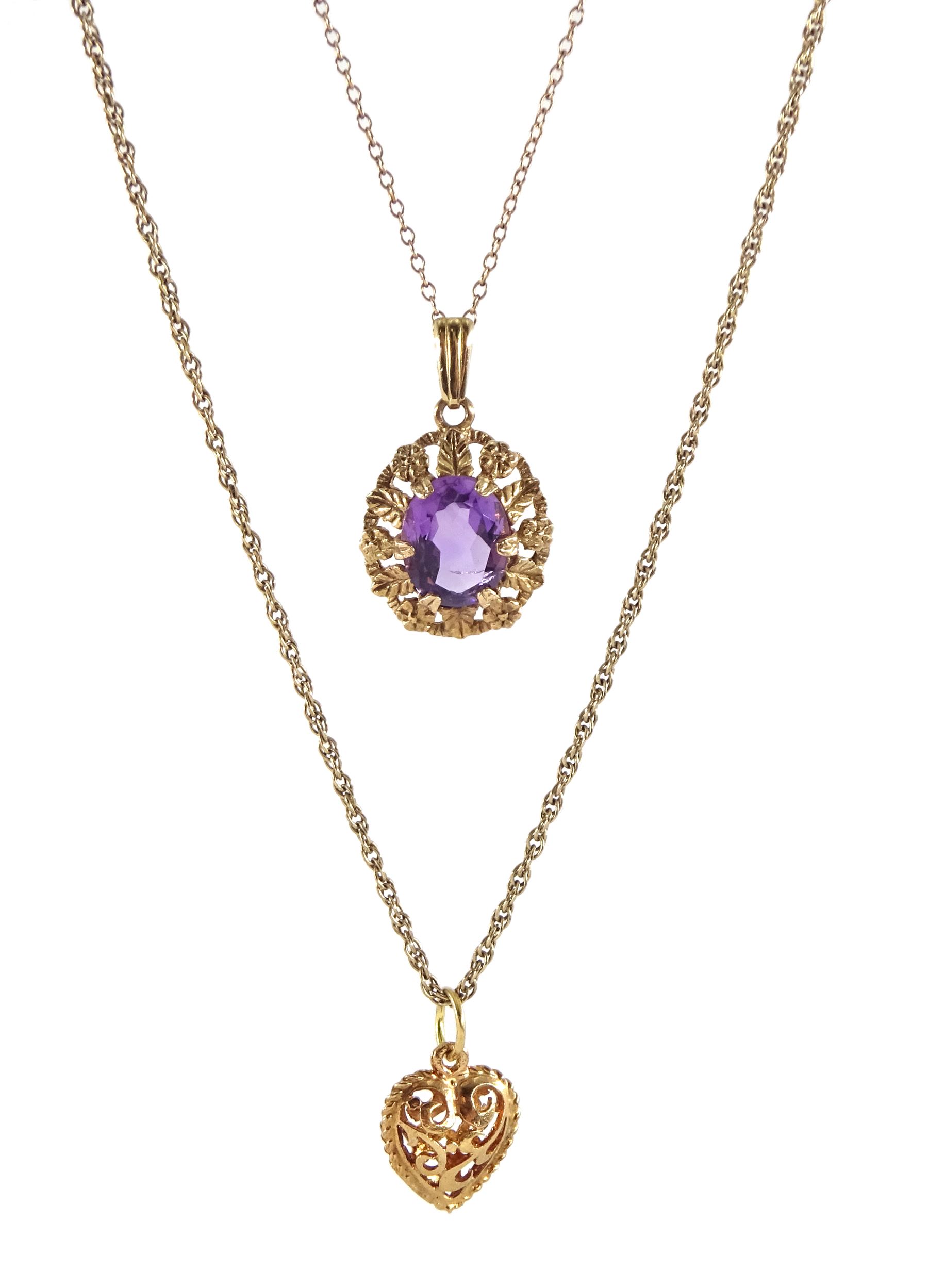 Gold oval amethyst pendant necklace and gold heart pendant necklace