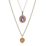 Gold oval amethyst pendant necklace and gold heart pendant necklace