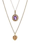 Gold oval amethyst pendant necklace and gold heart pendant necklace