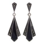 Pair of silver black onyx and marcasite pendant earrings