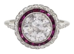 Platinum milgrain set diamond and ruby circular cluster ring