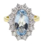 18ct gold oval aquamarine and diamond cluster ring