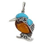 Silver Baltic amber and turquoise kingfisher pendant
