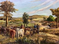 Albert Osabu Bartimeus (Ghana 1927-): Herding Cows in a Ghanese Landscape